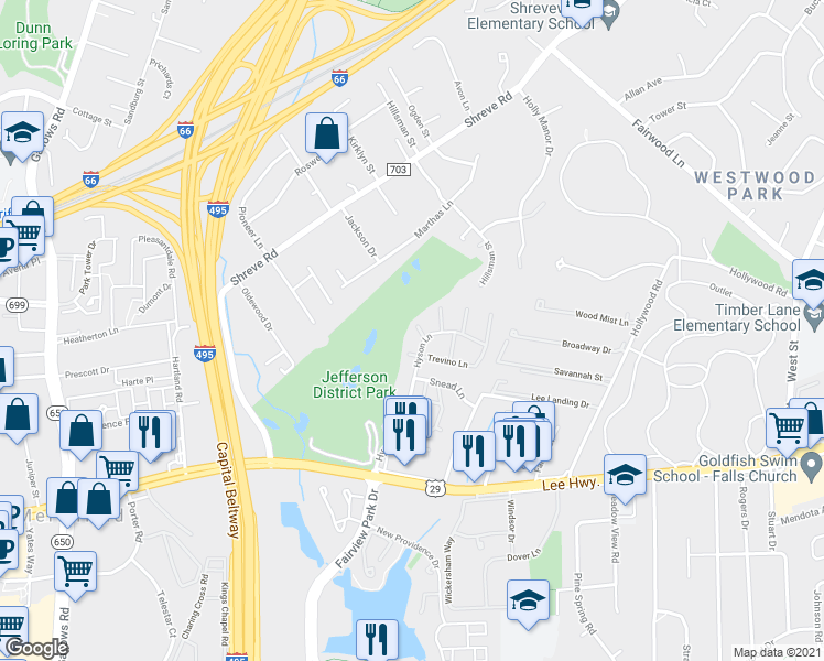 map of restaurants, bars, coffee shops, grocery stores, and more near 2778 Sikes Court in Falls Church