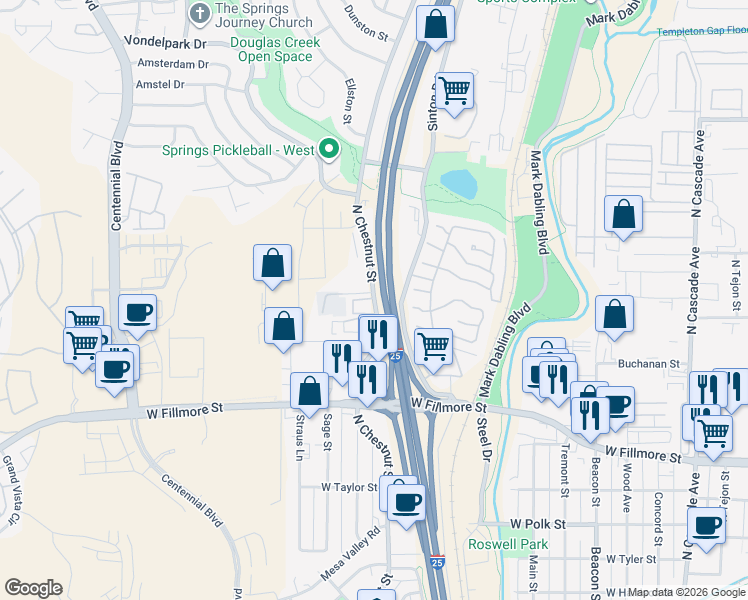 map of restaurants, bars, coffee shops, grocery stores, and more near 3216 North Chestnut Street in Colorado Springs