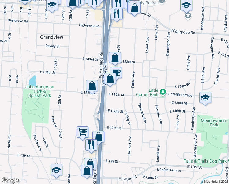 map of restaurants, bars, coffee shops, grocery stores, and more near 13428 Spring Street in Grandview