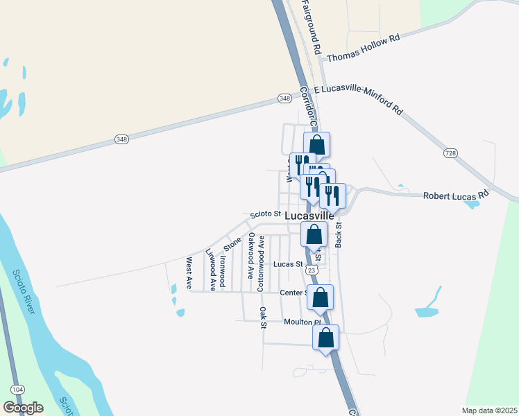 map of restaurants, bars, coffee shops, grocery stores, and more near 150 Scioto Street in Lucasville