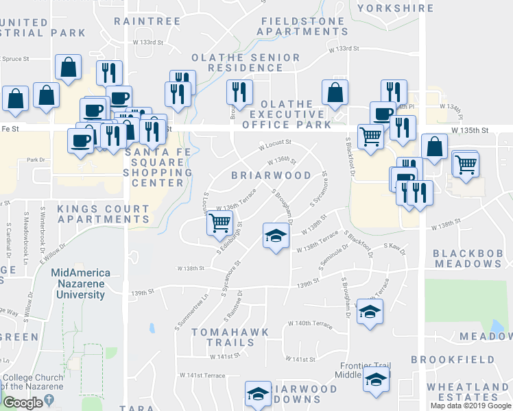 map of restaurants, bars, coffee shops, grocery stores, and more near 16010 West Beckett Lane in Olathe