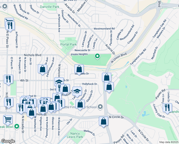 map of restaurants, bars, coffee shops, grocery stores, and more near 1582 Sausalito Drive in Colorado Springs