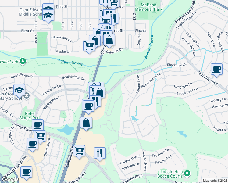 map of restaurants, bars, coffee shops, grocery stores, and more near 145 Northfield Court in Lincoln