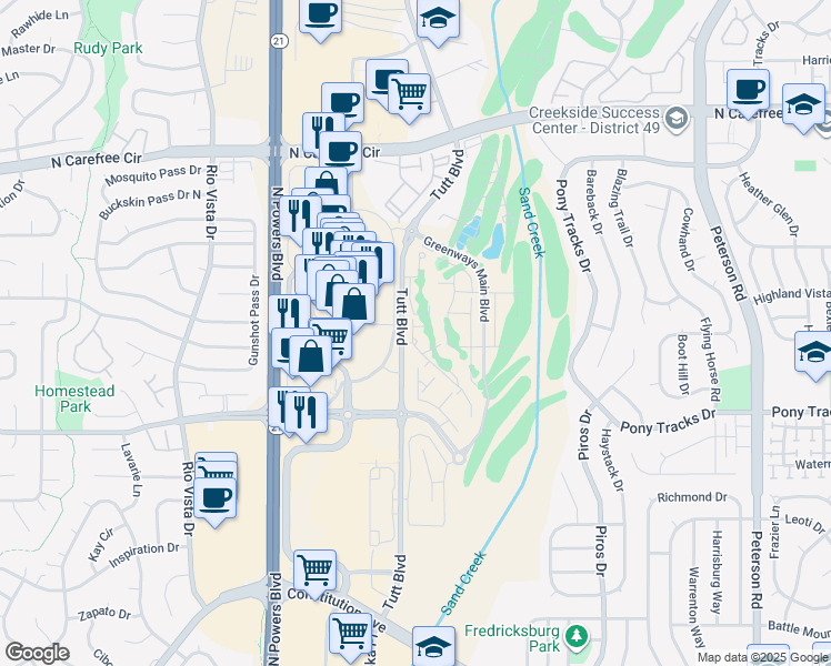 map of restaurants, bars, coffee shops, grocery stores, and more near 3295 Tutt Boulevard in Colorado Springs