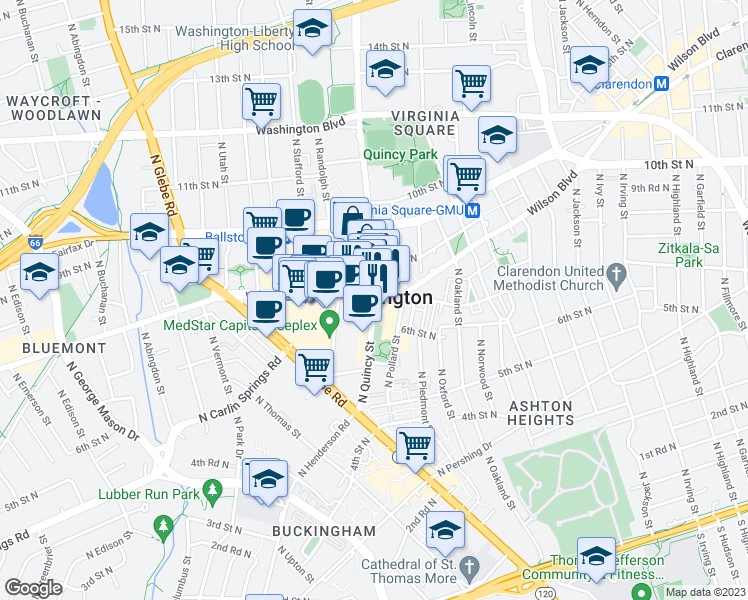 map of restaurants, bars, coffee shops, grocery stores, and more near Wilson Boulevard & North Quincy Street in Arlington