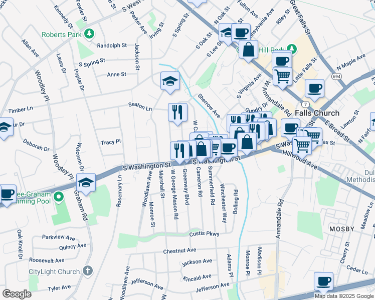 map of restaurants, bars, coffee shops, grocery stores, and more near 106 West Greenway Boulevard in Falls Church