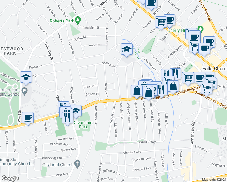 map of restaurants, bars, coffee shops, grocery stores, and more near 1108 Jackson Court in Falls Church