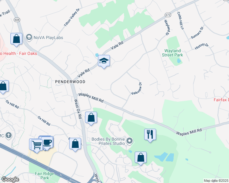 map of restaurants, bars, coffee shops, grocery stores, and more near 12103 Wayland Street in Oakton