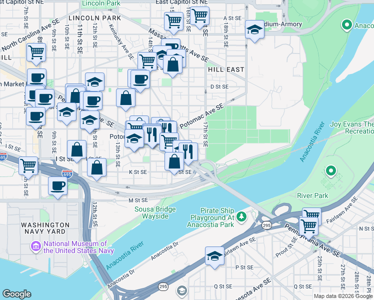 map of restaurants, bars, coffee shops, grocery stores, and more near 101 Independence Avenue Southeast in Washington