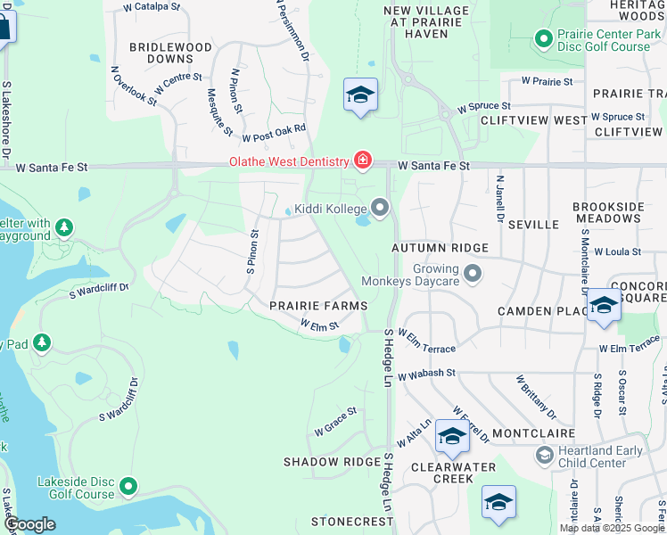 map of restaurants, bars, coffee shops, grocery stores, and more near 2220 West Fredrickson Drive in Olathe