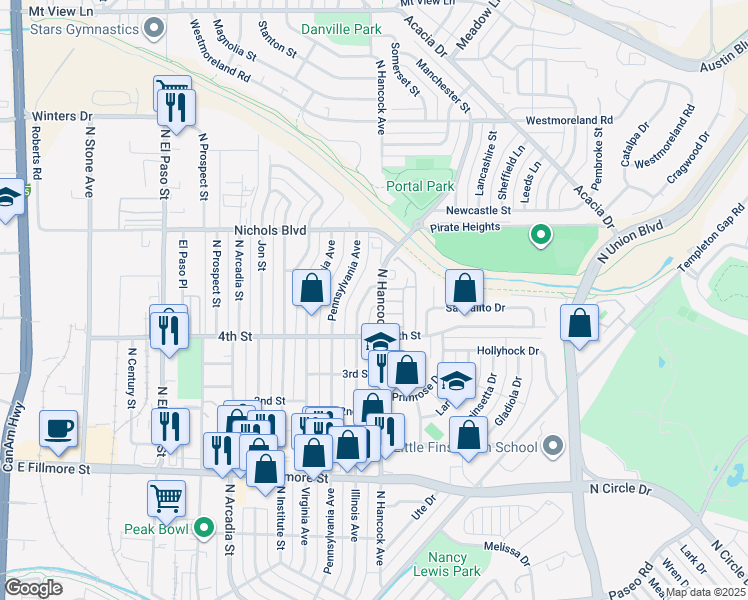map of restaurants, bars, coffee shops, grocery stores, and more near 3212 North Hancock Avenue in Colorado Springs