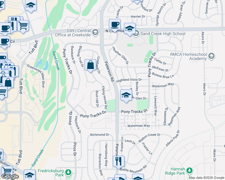 map of restaurants, bars, coffee shops, grocery stores, and more near 3344 Macgregor Drive in Colorado Springs