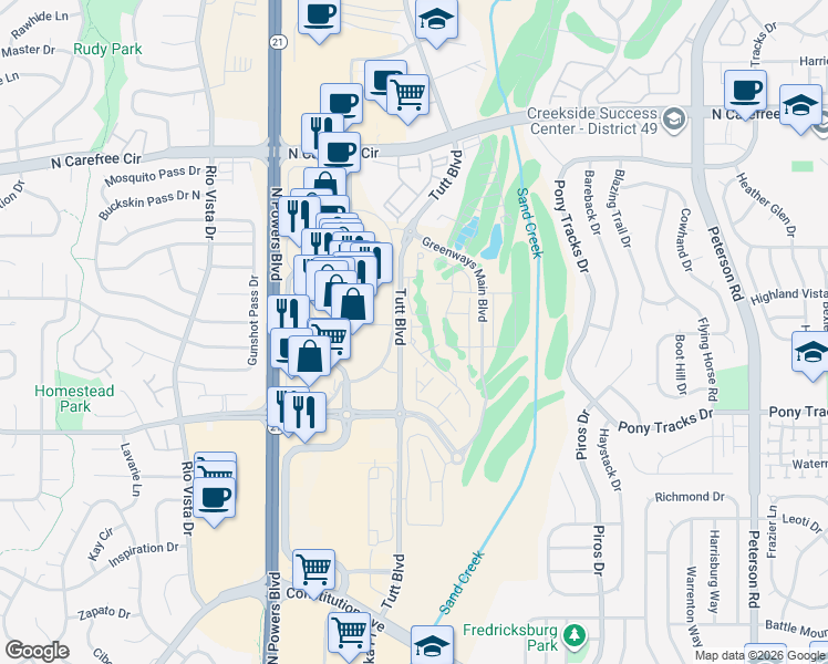 map of restaurants, bars, coffee shops, grocery stores, and more near 3295 Tutt Boulevard in Colorado Springs