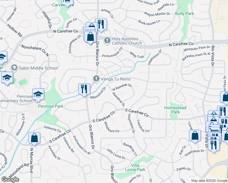map of restaurants, bars, coffee shops, grocery stores, and more near 4913 Raindrop Circle North in Colorado Springs