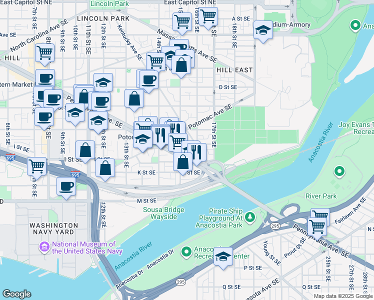 map of restaurants, bars, coffee shops, grocery stores, and more near 101 Independence Avenue Southeast in Washington