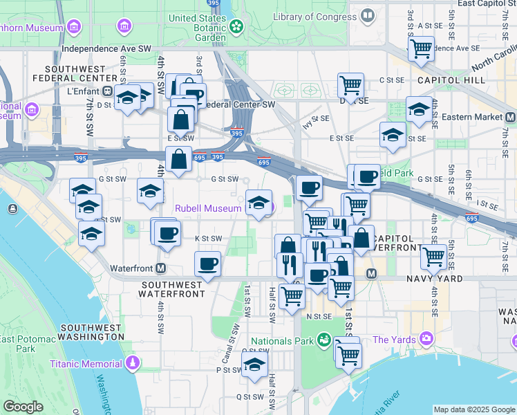 map of restaurants, bars, coffee shops, grocery stores, and more near 101 Independence Avenue Southeast in Washington