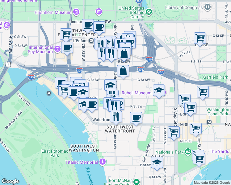 map of restaurants, bars, coffee shops, grocery stores, and more near 898 4th Street Southwest in Washington