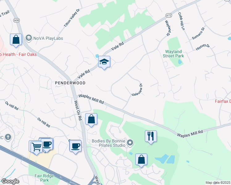 map of restaurants, bars, coffee shops, grocery stores, and more near 12103 Wayland Street in Oakton