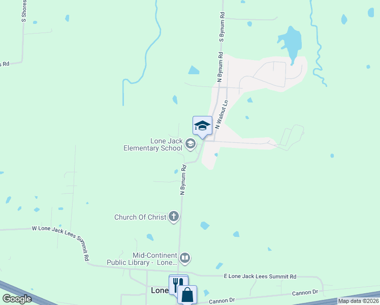 map of restaurants, bars, coffee shops, grocery stores, and more near 601 North Bynum Road in Lone Jack