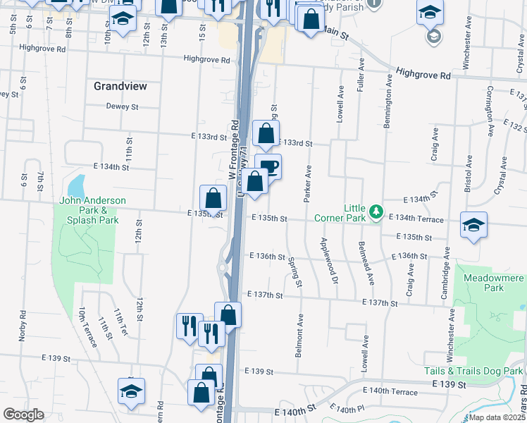 map of restaurants, bars, coffee shops, grocery stores, and more near 13428 Spring Street in Grandview