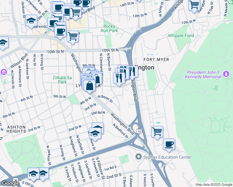 map of restaurants, bars, coffee shops, grocery stores, and more near 301 North Barton Street in Arlington