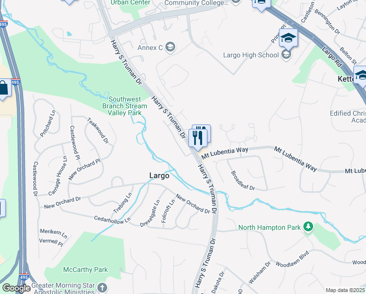 map of restaurants, bars, coffee shops, grocery stores, and more near 711 Harry S Truman Drive in Largo