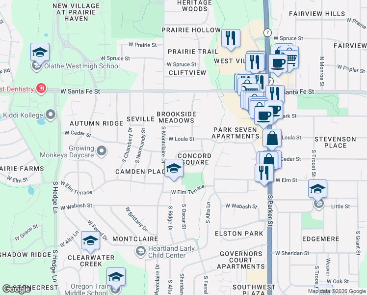 map of restaurants, bars, coffee shops, grocery stores, and more near 1520 West Cedar Street in Olathe