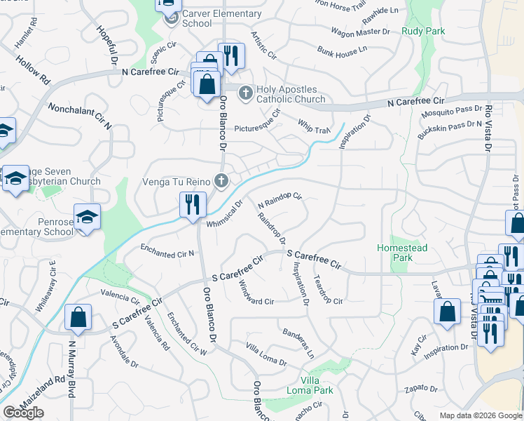 map of restaurants, bars, coffee shops, grocery stores, and more near 4913 Raindrop Circle North in Colorado Springs