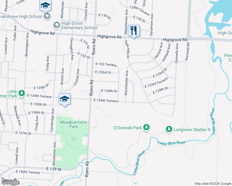 map of restaurants, bars, coffee shops, grocery stores, and more near 13400 Overhill Road in Grandview