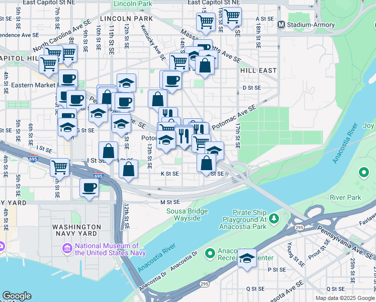 map of restaurants, bars, coffee shops, grocery stores, and more near 1401 Pennsylvania Avenue Southeast in Washington