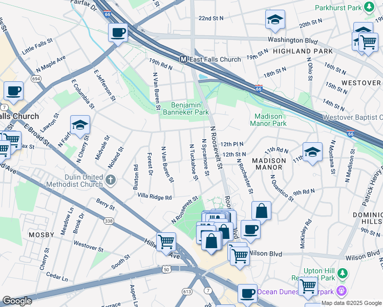 map of restaurants, bars, coffee shops, grocery stores, and more near 1104 North Tuckahoe Street in Arlington