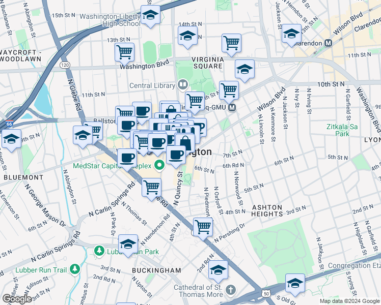 map of restaurants, bars, coffee shops, grocery stores, and more near 3910 Wilson Boulevard in Arlington