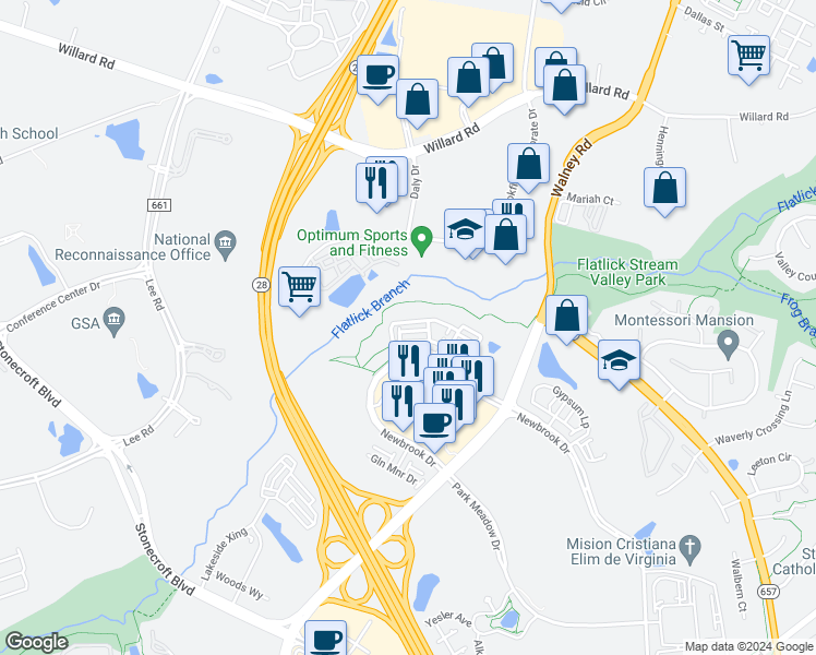 map of restaurants, bars, coffee shops, grocery stores, and more near 4758 Tatum Mill Way in Chantilly