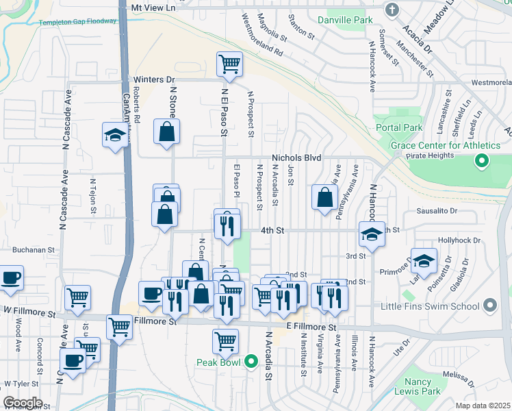 map of restaurants, bars, coffee shops, grocery stores, and more near 3214 North Prospect Street in Colorado Springs