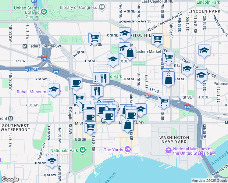 map of restaurants, bars, coffee shops, grocery stores, and more near 200 I Street Southeast in Washington