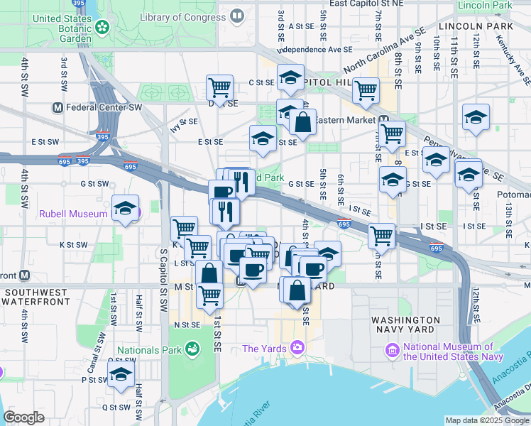 map of restaurants, bars, coffee shops, grocery stores, and more near 200 I Street Southeast in Washington