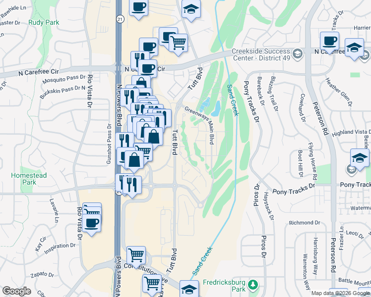 map of restaurants, bars, coffee shops, grocery stores, and more near 3295 Divine Heights in Colorado Springs