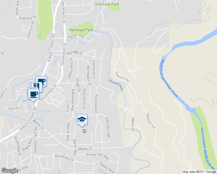 map of restaurants, bars, coffee shops, grocery stores, and more near 407 Maidu Drive in Auburn