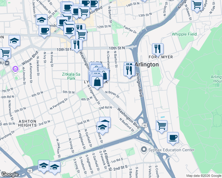 map of restaurants, bars, coffee shops, grocery stores, and more near 405 North Cleveland Street in Arlington