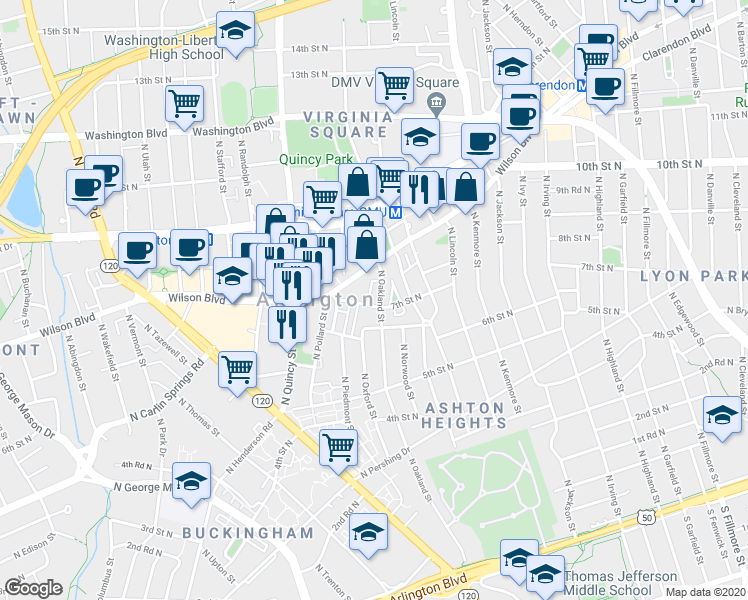 map of restaurants, bars, coffee shops, grocery stores, and more near 702 North Oakland Street in Arlington