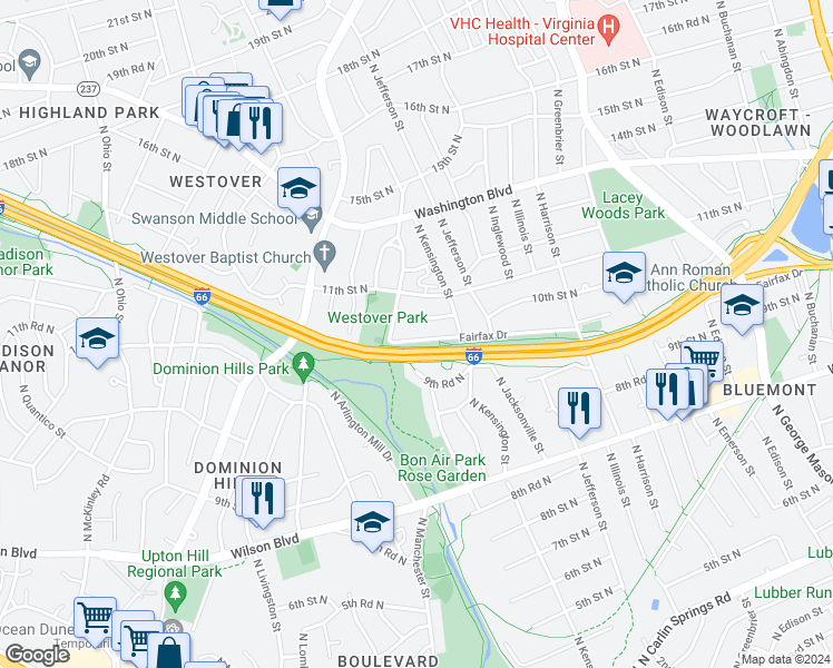 map of restaurants, bars, coffee shops, grocery stores, and more near 5713 Fairfax Drive in Arlington