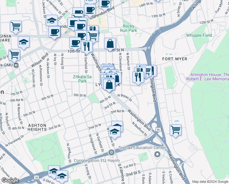 map of restaurants, bars, coffee shops, grocery stores, and more near 2629 Washington Boulevard in Arlington