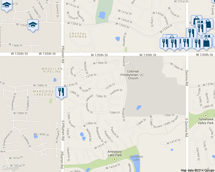 map of restaurants, bars, coffee shops, grocery stores, and more near 13728 Gillette Street in Overland Park