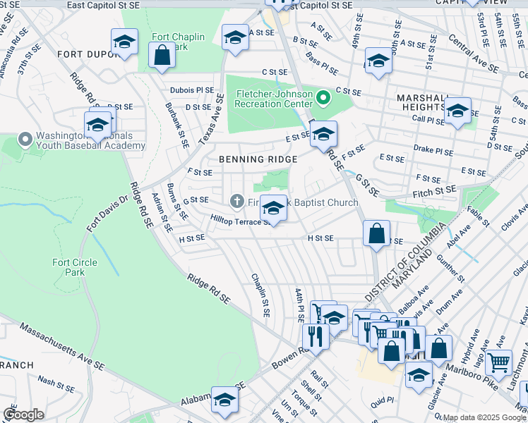 map of restaurants, bars, coffee shops, grocery stores, and more near 4419 G Street Southeast in Washington