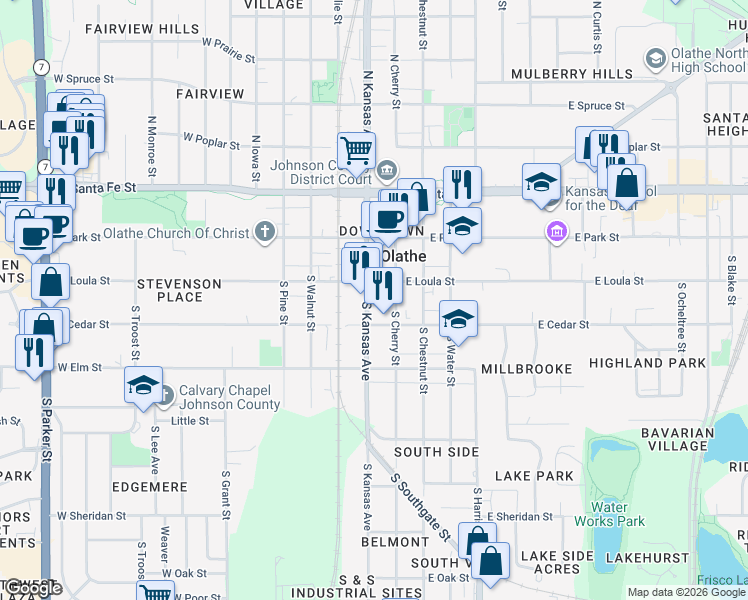 map of restaurants, bars, coffee shops, grocery stores, and more near 215 South Kansas Avenue in Olathe