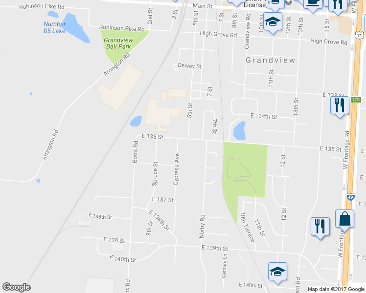 map of restaurants, bars, coffee shops, grocery stores, and more near 13503 Cypress Avenue in Grandview