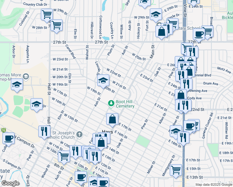 map of restaurants, bars, coffee shops, grocery stores, and more near Fort Street in Hays