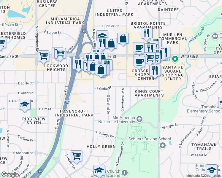 map of restaurants, bars, coffee shops, grocery stores, and more near 300 South Cardinal Drive in Olathe