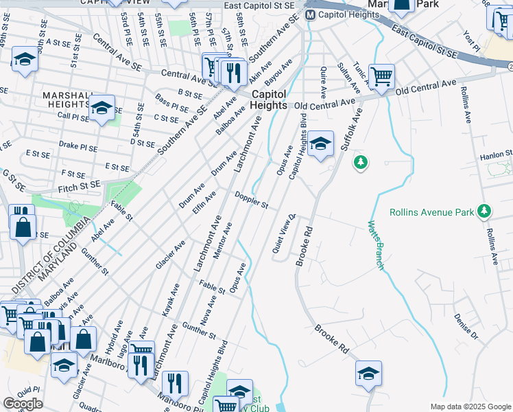 map of restaurants, bars, coffee shops, grocery stores, and more near 5213 Doppler Street in Capitol Heights