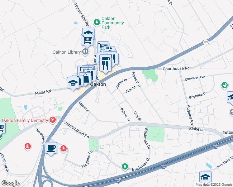 map of restaurants, bars, coffee shops, grocery stores, and more near 10167 Palmer Drive in Oakton